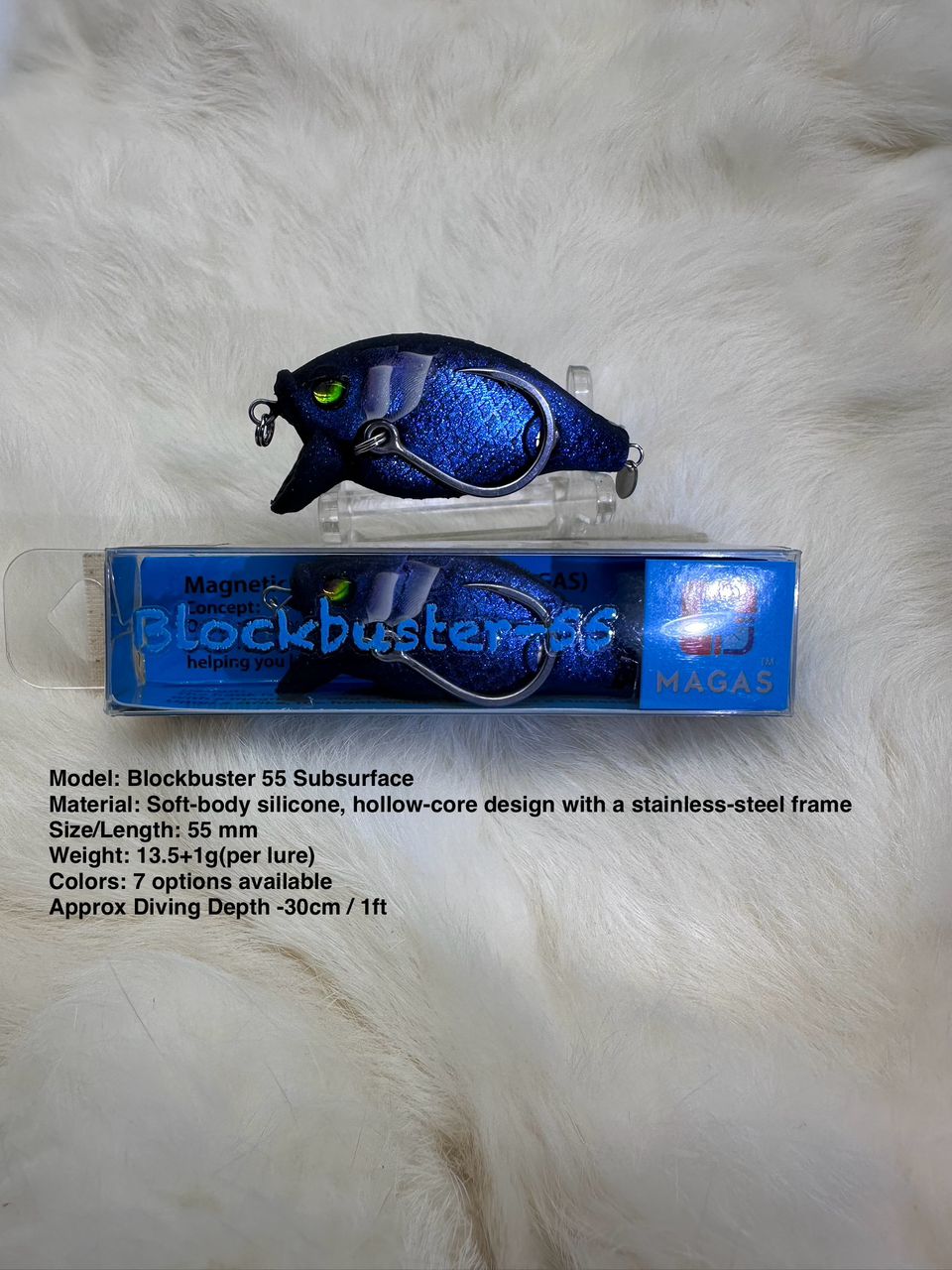 MAGAS Blockbuster-55 Subsurface soft silicone anti-snag fishing lure with patented Magnetic Anti-Snag System for shallow subsurface fishing