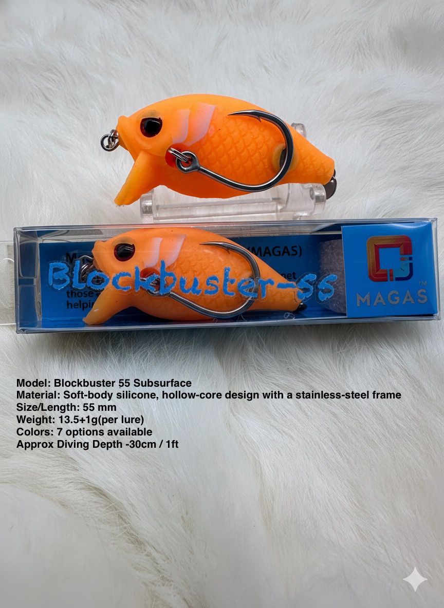 MAGAS Blockbuster-55 Subsurface soft silicone anti-snag fishing lure with patented Magnetic Anti-Snag System for shallow subsurface fishing