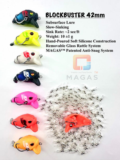 MAGAS Blockbuster-42 Subsurface soft silicone anti-snag fishing lure with patented Magnetic Anti-Snag System and removable glass rattle