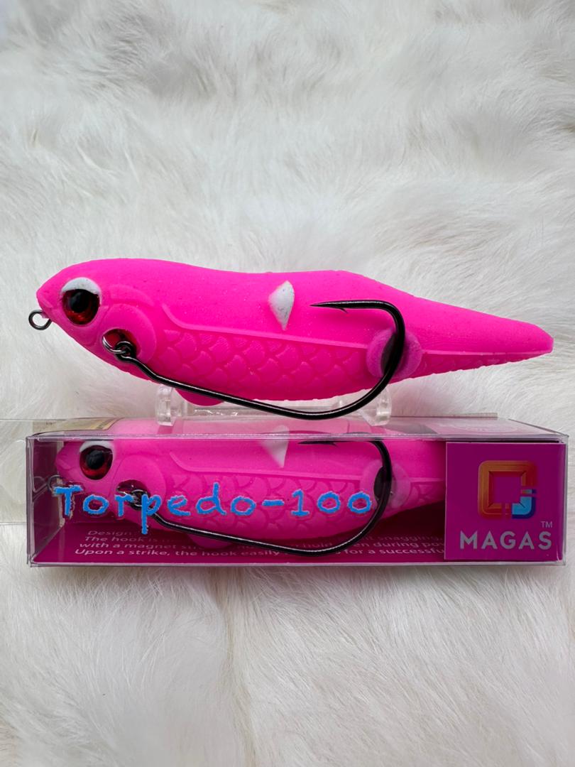 Toman giant snakehead caught with MAGAS Torpedo-100 Pencil Lure soft silicone anti-snag fishing lure near heavy cover, weeds, and shallow structure.